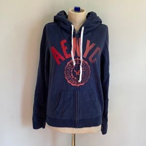 American Eagle Outfitters Navy Zip Up Hoodie Printed Front Size L